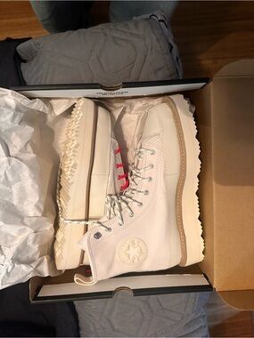 Converse Off-White High-Top Leather Boots with Tan Platform- brand new in box